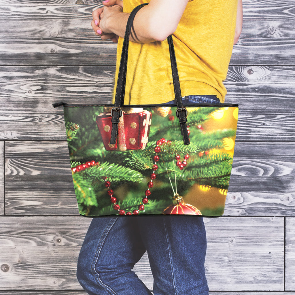 Xmas Tree Print Leather Tote Bag