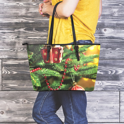 Xmas Tree Print Leather Tote Bag
