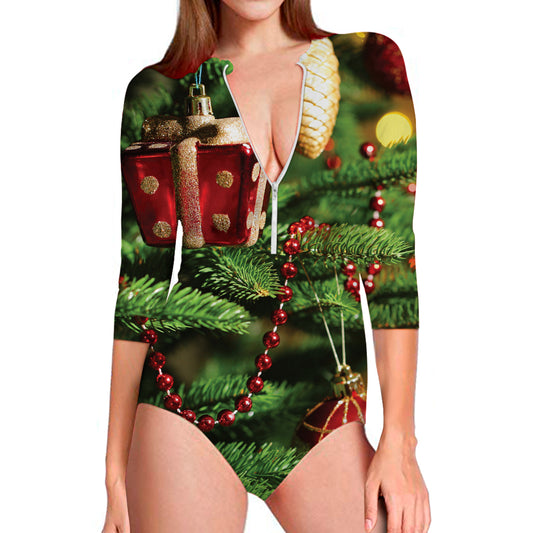 Xmas Tree Print Long Sleeve Swimsuit