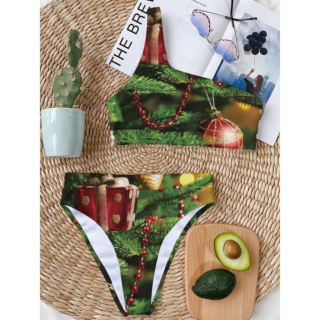 Xmas Tree Print One Shoulder Bikini Top