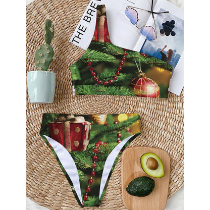 Xmas Tree Print One Shoulder Bikini Top