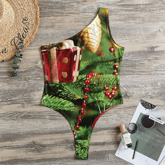 Xmas Tree Print One Shoulder Bodysuit