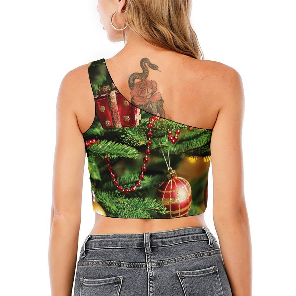 Xmas Tree Print One Shoulder Crop Top
