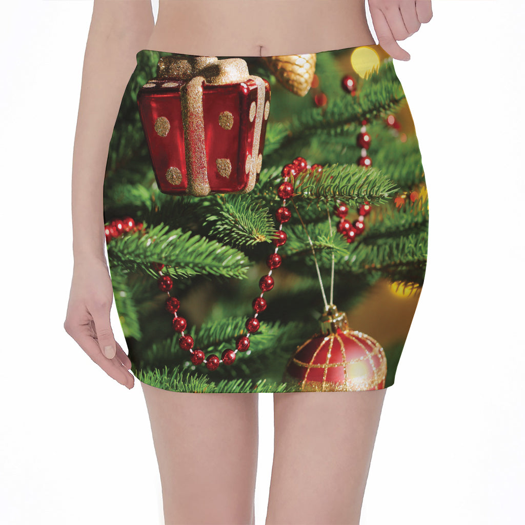 Xmas Tree Print Pencil Mini Skirt