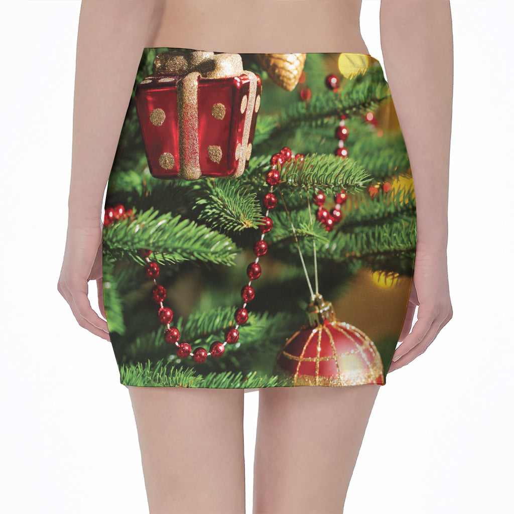 Xmas Tree Print Pencil Mini Skirt