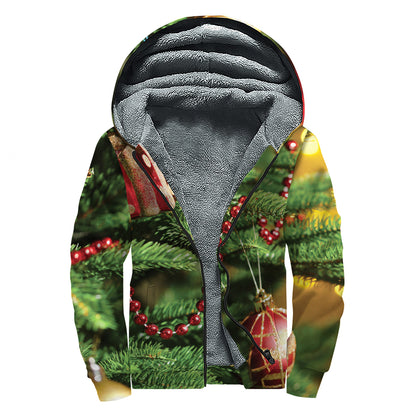 Xmas Tree Print Sherpa Lined Zip Up Hoodie