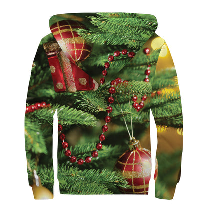 Xmas Tree Print Sherpa Lined Zip Up Hoodie