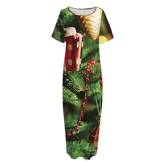 Xmas Tree Print Short Sleeve Long Nightdress