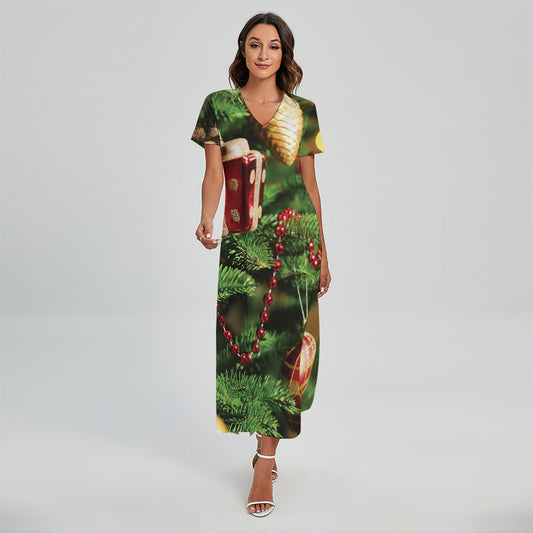Xmas Tree Print Short Sleeve Maxi Dress