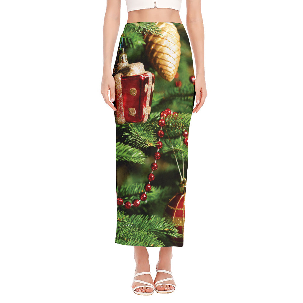 Xmas Tree Print Side Slit Maxi Skirt
