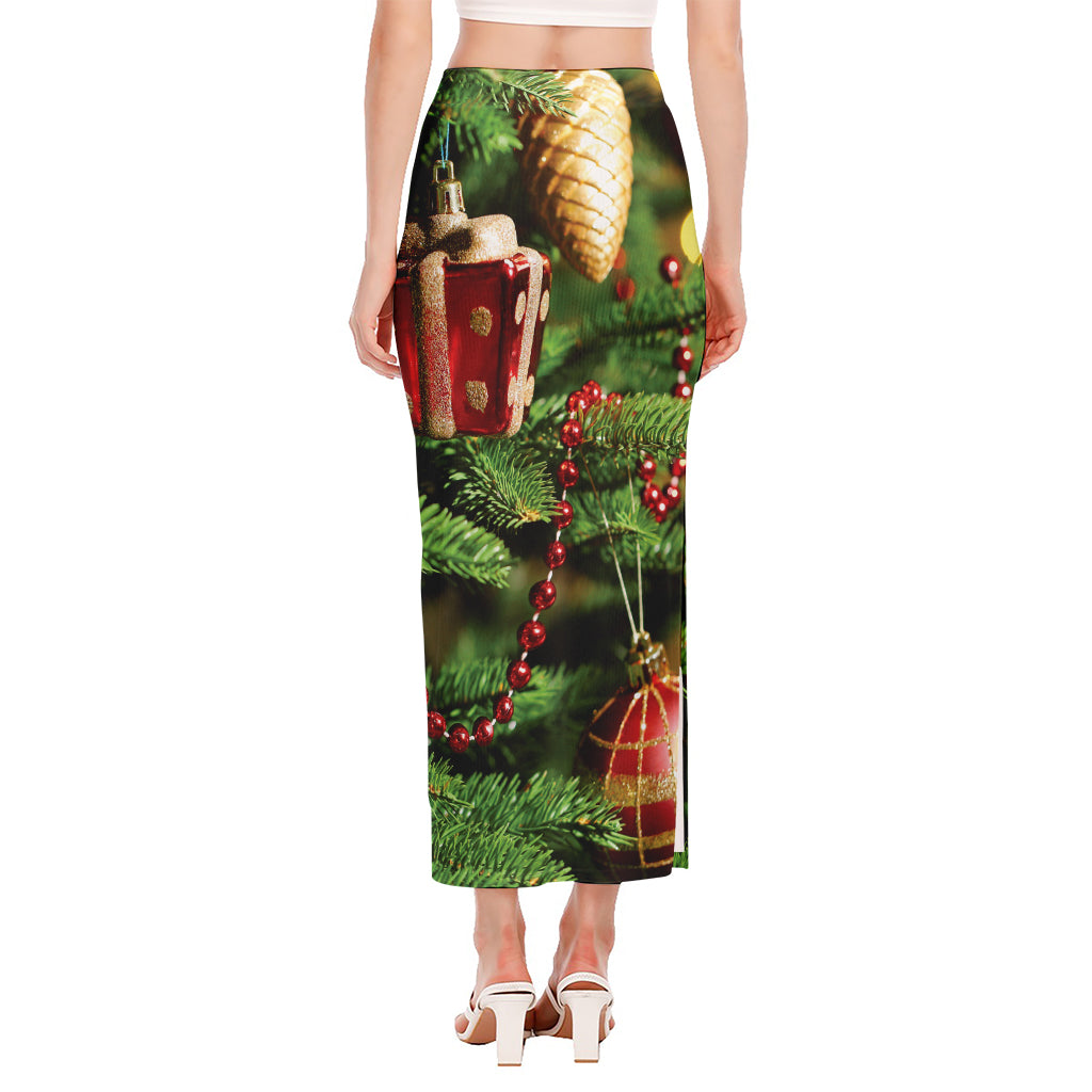 Xmas Tree Print Side Slit Maxi Skirt