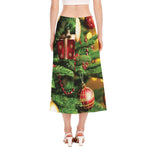 Xmas Tree Print Side Slit Midi Skirt