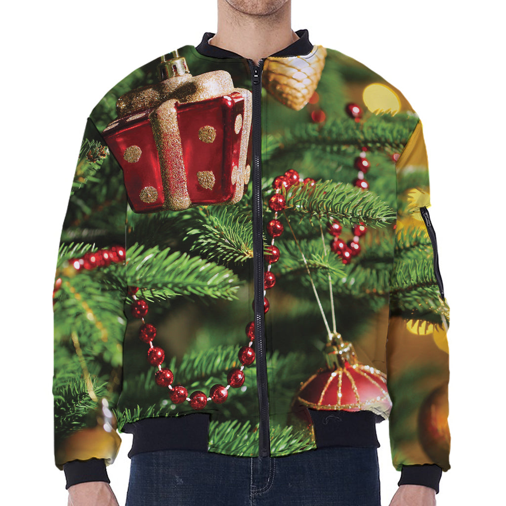 Xmas Tree Print Zip Sleeve Bomber Jacket