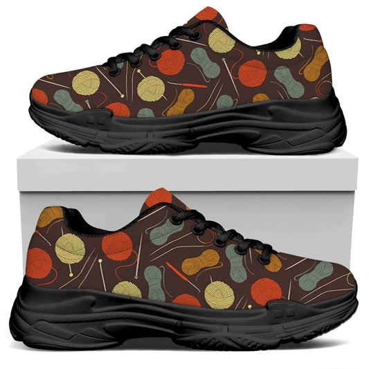 Yarn And Needle Pattern Print Black Chunky Shoes