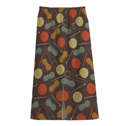 Yarn And Needle Pattern Print Cotton Front Slit Maxi Skirt