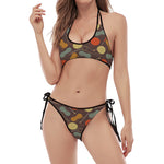 Yarn And Needle Pattern Print Halter Scoop Tie Side Bikini