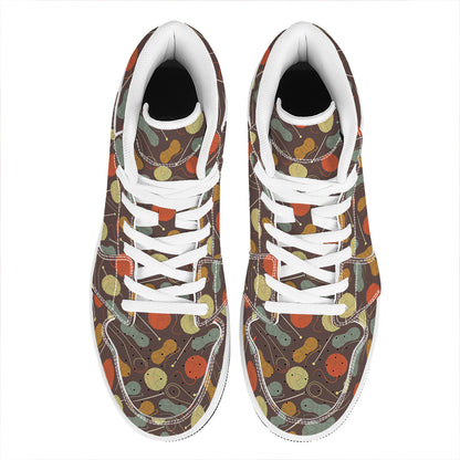 Yarn And Needle Pattern Print High Top Leather Sneakers