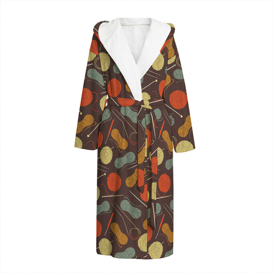 Yarn And Needle Pattern Print Hooded Bathrobe