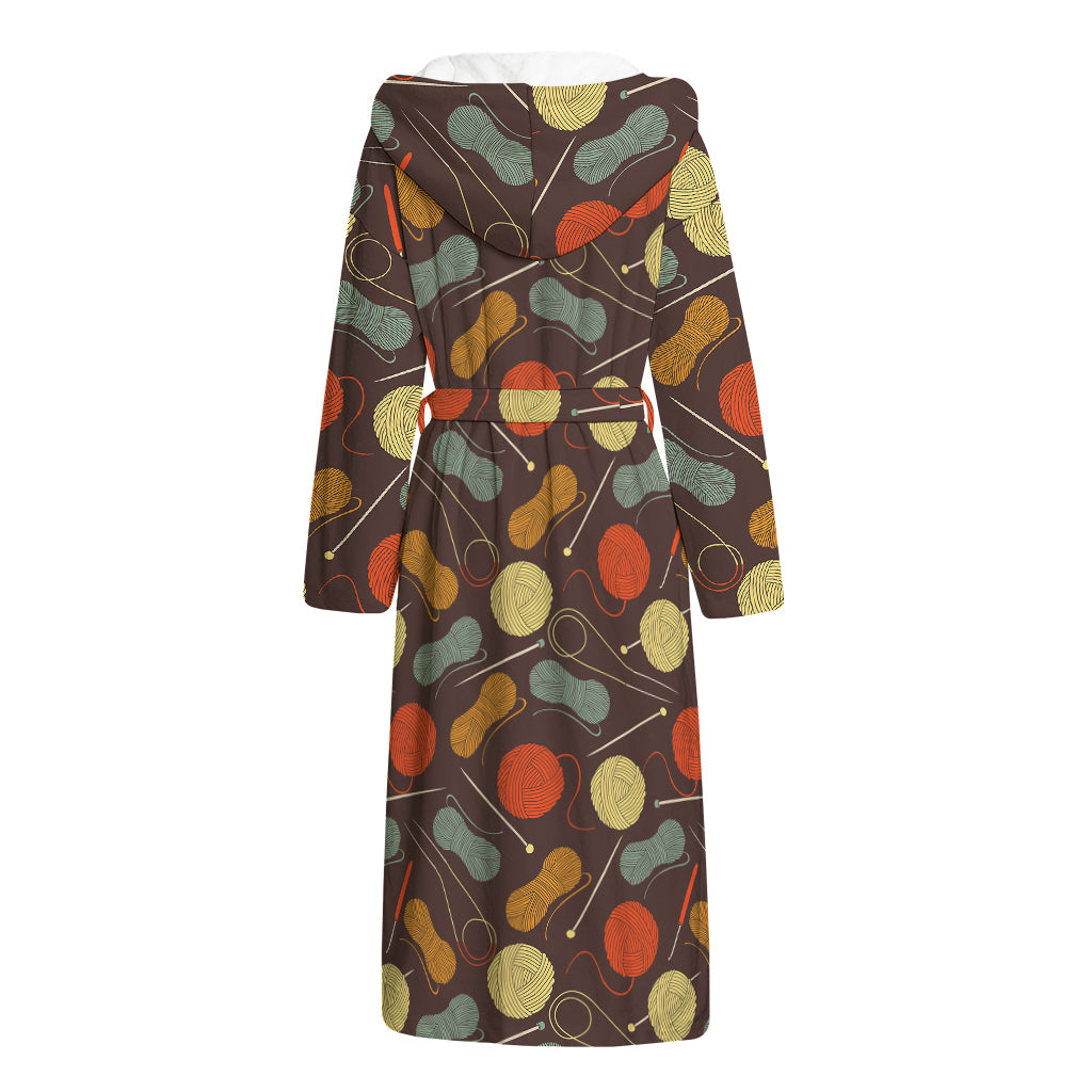 Yarn And Needle Pattern Print Hooded Bathrobe