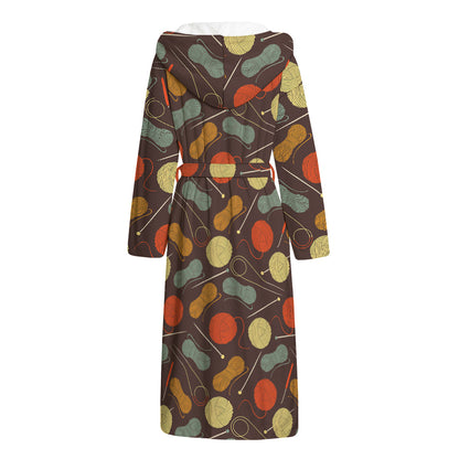 Yarn And Needle Pattern Print Hooded Bathrobe