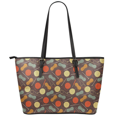Yarn And Needle Pattern Print Leather Tote Bag