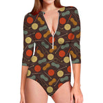 Yarn And Needle Pattern Print Long Sleeve Swimsuit