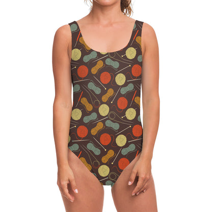 Yarn And Needle Pattern Print One Piece Swimsuit