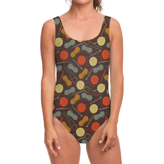 Yarn And Needle Pattern Print One Piece Swimsuit