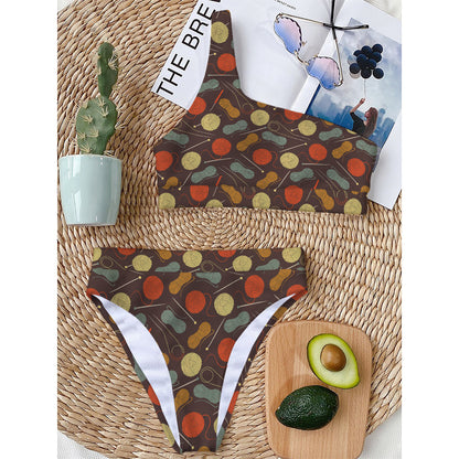 Yarn And Needle Pattern Print One Shoulder Bikini Top