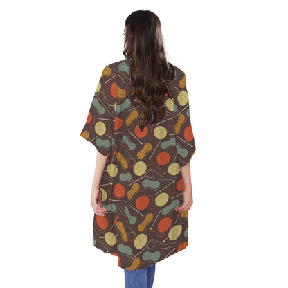 Yarn And Needle Pattern Print Open Front Beach Cover Up