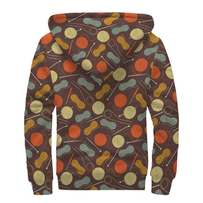 Yarn And Needle Pattern Print Sherpa Lined Zip Up Hoodie