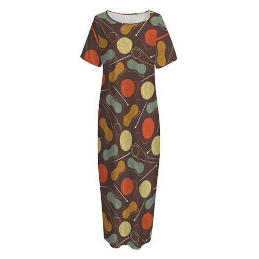 Yarn And Needle Pattern Print Short Sleeve Long Nightdress