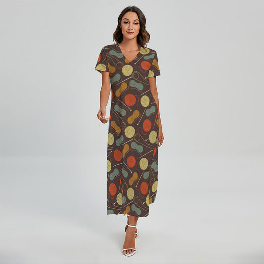 Yarn And Needle Pattern Print Short Sleeve Maxi Dress