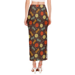 Yarn And Needle Pattern Print Side Slit Maxi Skirt