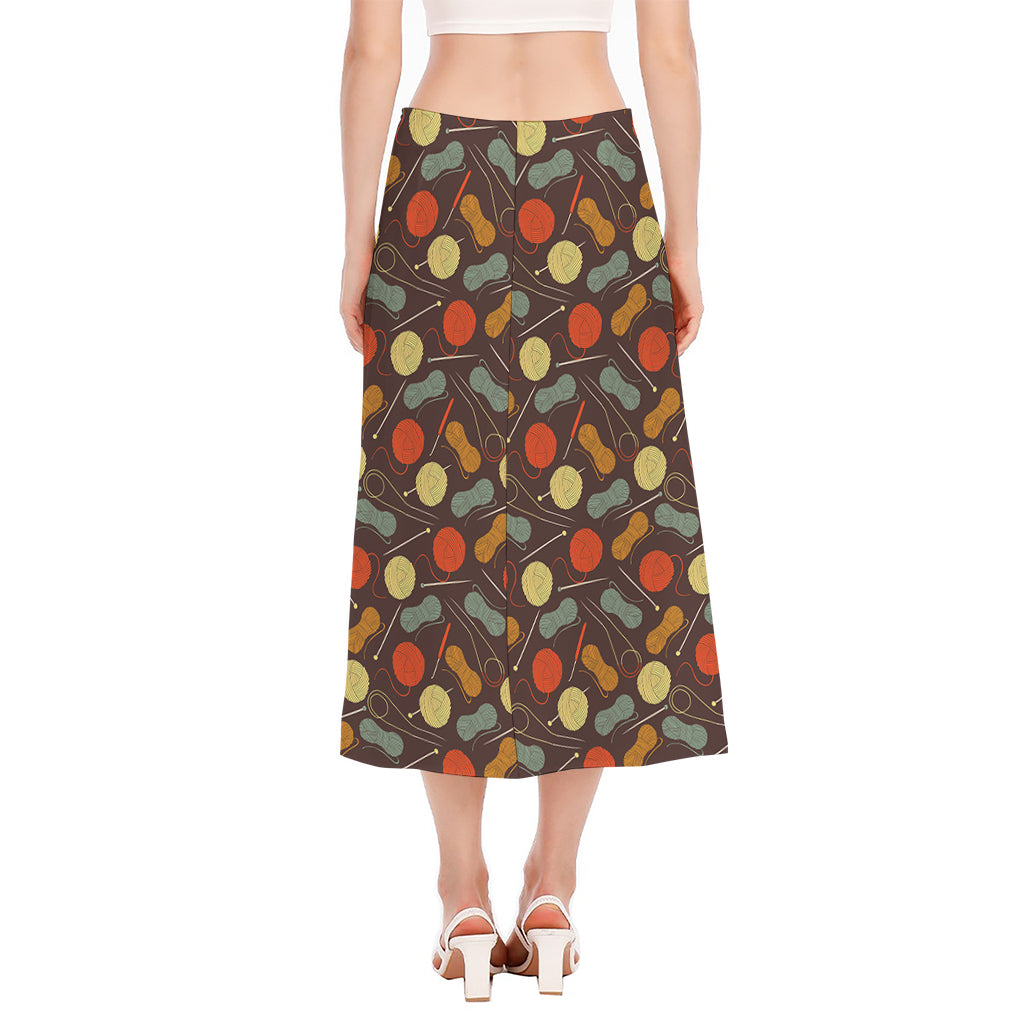 Yarn And Needle Pattern Print Side Slit Midi Skirt