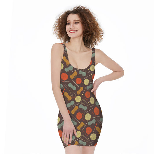 Yarn And Needle Pattern Print Sleeveless Bodycon Dress
