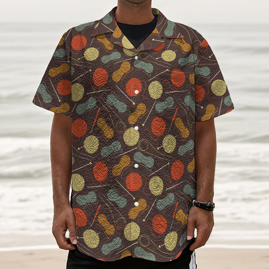 Yarn And Needle Pattern Print Textured Short Sleeve Shirt