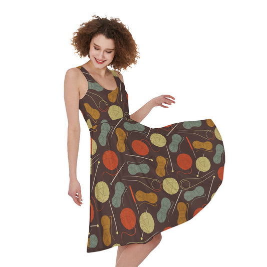 Yarn And Needle Pattern Print Women's Sleeveless Dress