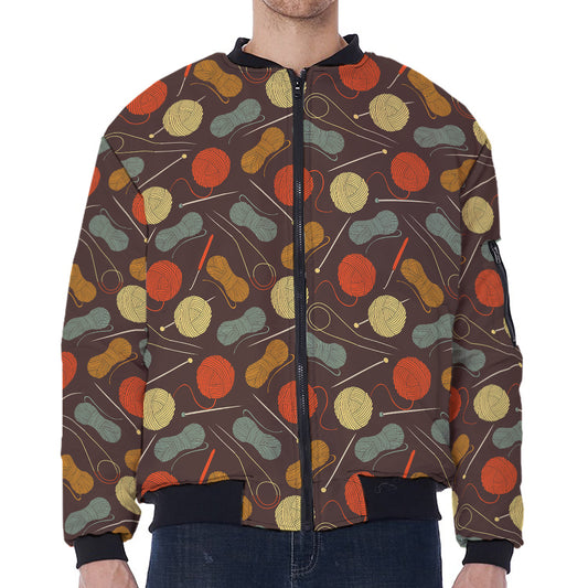 Yarn And Needle Pattern Print Zip Sleeve Bomber Jacket