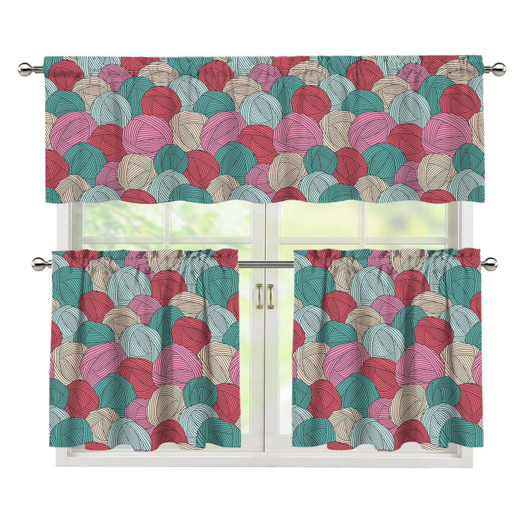Yarn Balls Pattern Print 3 Piece Kitchen Curtains