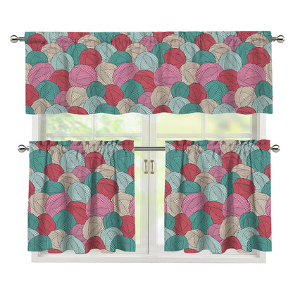 Yarn Balls Pattern Print 3 Piece Kitchen Curtains