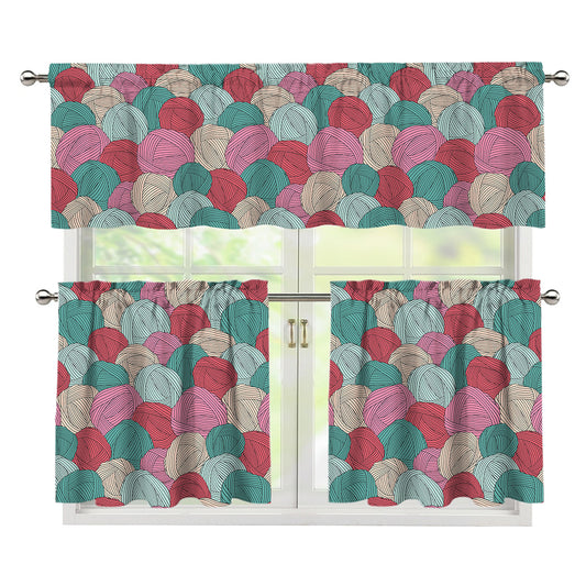 Yarn Balls Pattern Print 3 Piece Kitchen Curtains