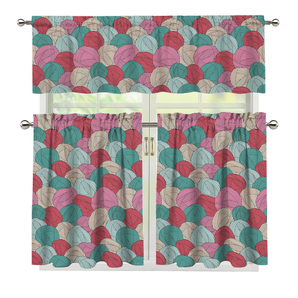 Yarn Balls Pattern Print 3 Piece Kitchen Curtains