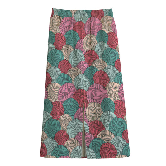Yarn Balls Pattern Print Cotton Front Slit Maxi Skirt