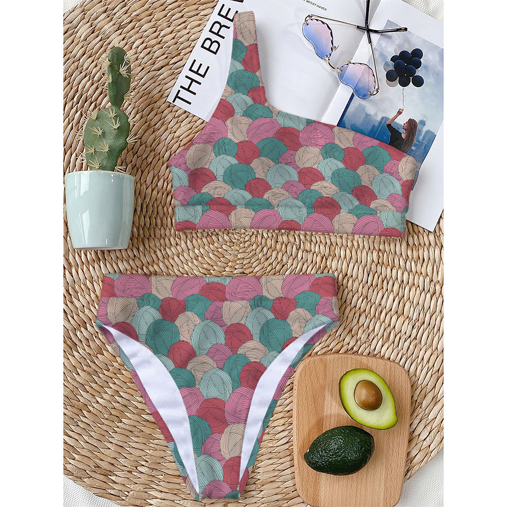 Yarn Balls Pattern Print One Shoulder Bikini Top