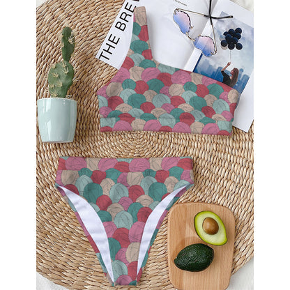 Yarn Balls Pattern Print One Shoulder Bikini Top
