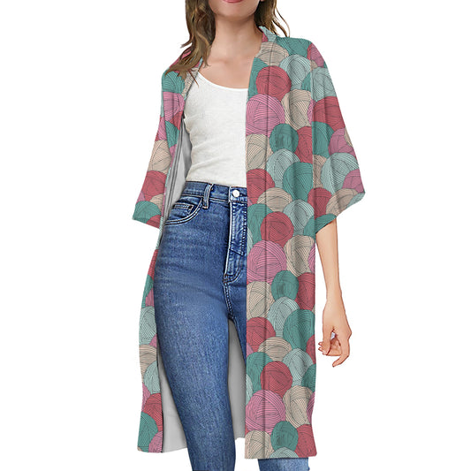 Yarn Balls Pattern Print Open Front Beach Cover Up