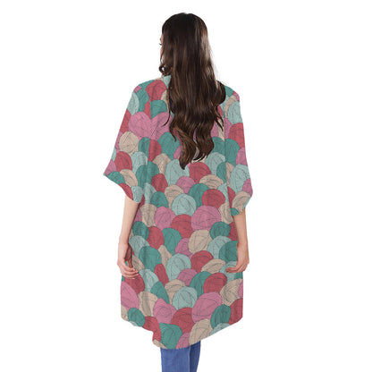 Yarn Balls Pattern Print Open Front Beach Cover Up