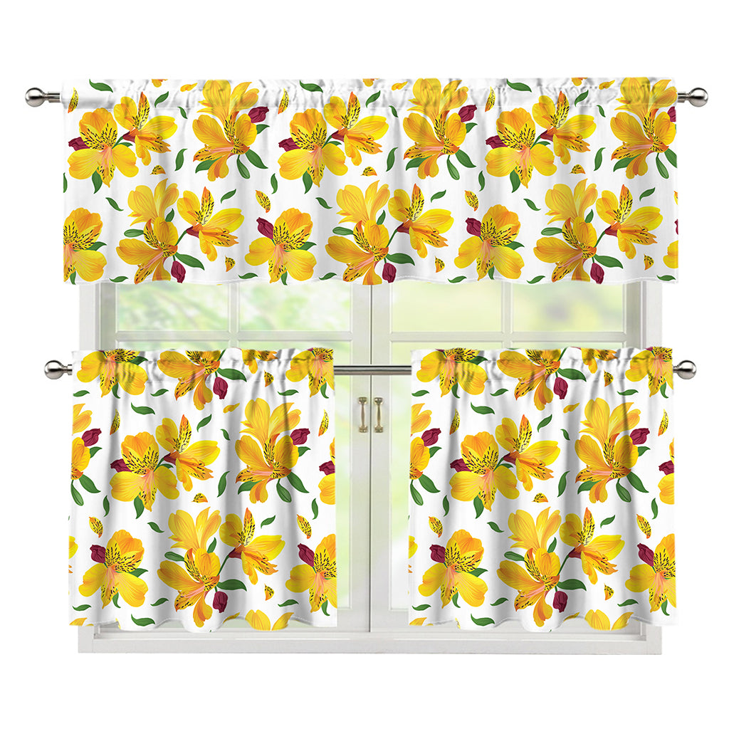 Yellow Alstroemeria Pattern Print 3 Piece Kitchen Curtains