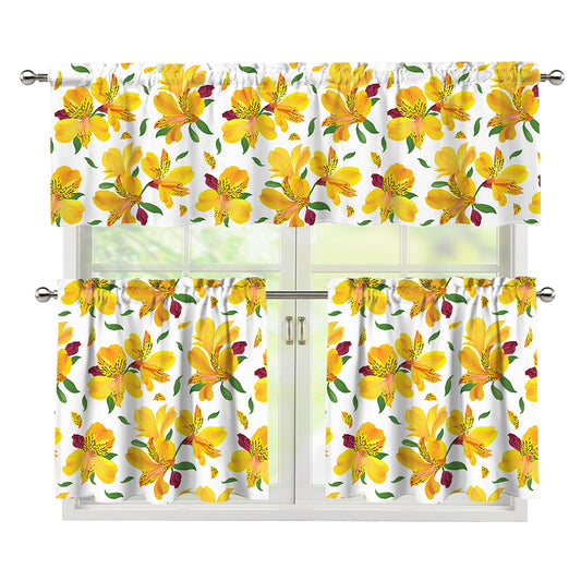 Yellow Alstroemeria Pattern Print 3 Piece Kitchen Curtains